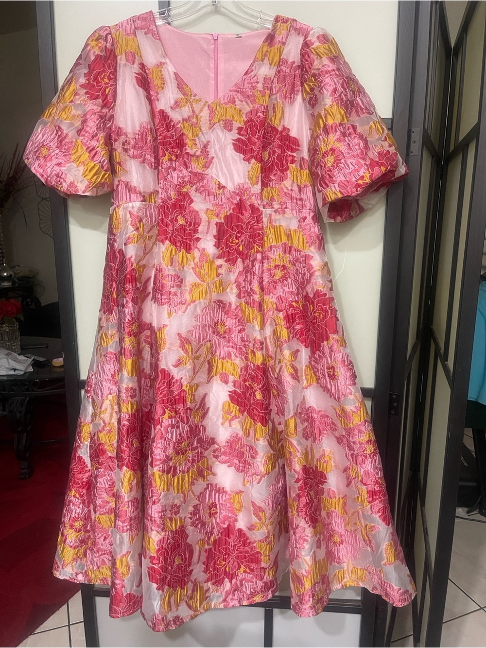 Girls' Pink Floral A-Line Dress with Puff Sleeves